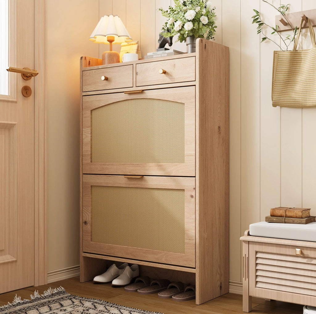 SCARPIERA con 2 ante a ribalta e 2 cassetti 65x25x106 cm naturale