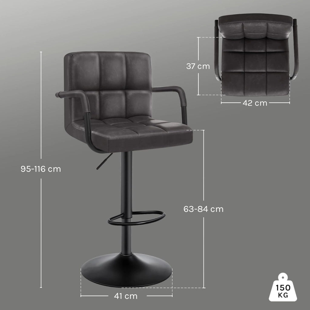 Coppia Sgabelli da Bar PU Vintage Sedia per Cucina Girevole con Schienale Braccioli Antracite