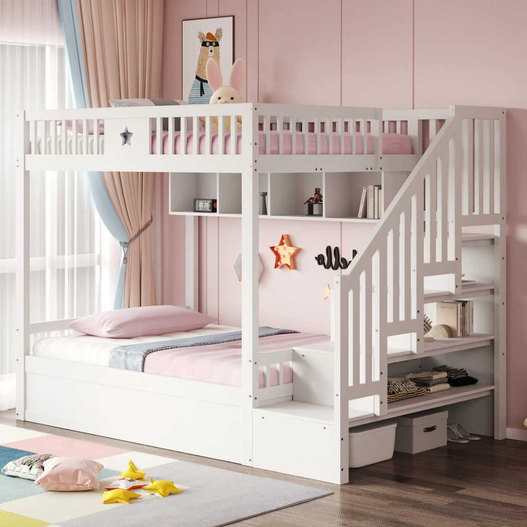 Letto a Soppalco 140 × 200 cm; Letto Matrimoniale con Vano Idraulico; Scaffali e Scala; senza Materasso