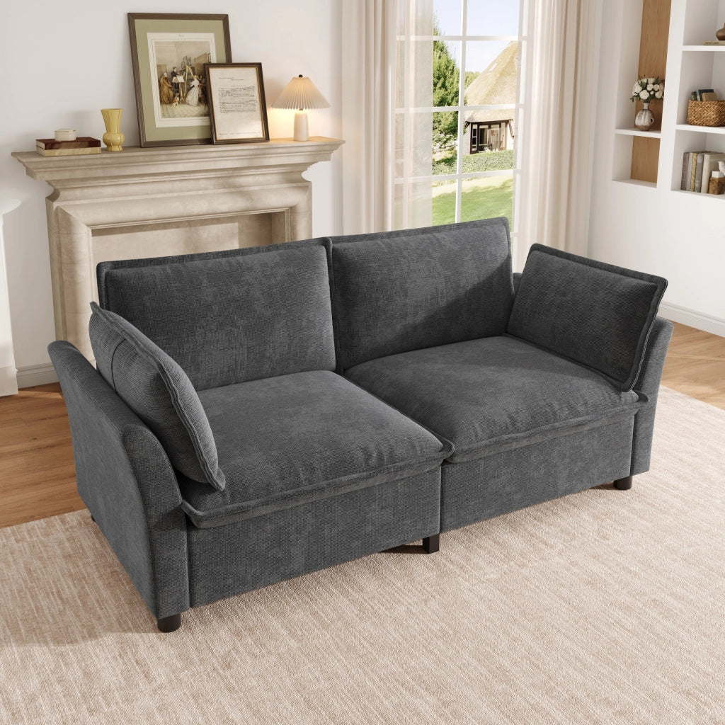 Divano a 2 posti modulare con seduta confortevole e braccioli con cuscini in chenille grigio 155 × 81 × 87 cm