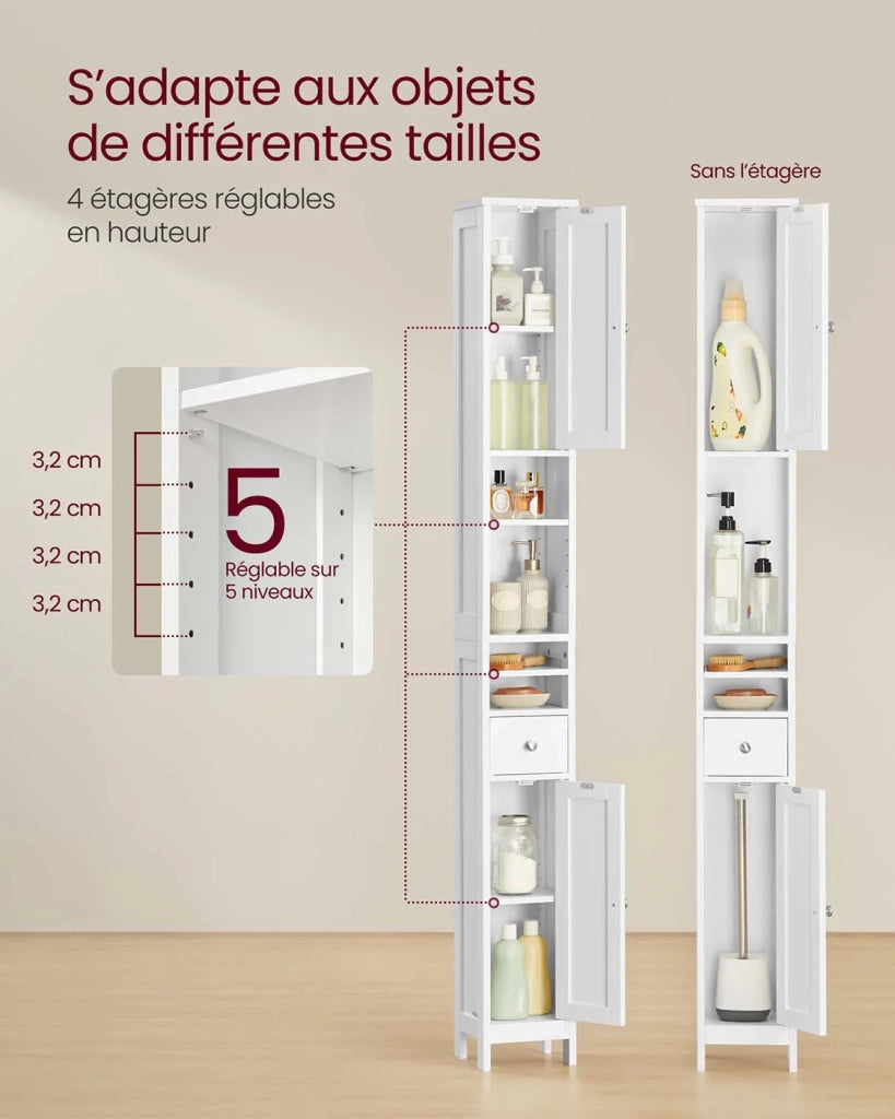 Mobiletto alto da bagno 195 x 214 x 180 cm stretto con ripiani regolabili cassetto e vani a giorno per piccoli spazi moderno bianco 12_0005198