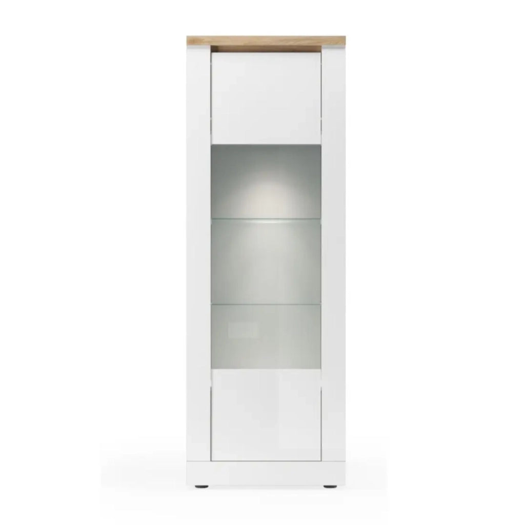Vetrina SASHA – 1 porta e LED integrato – Bianco laccato e Rovere Cadiz