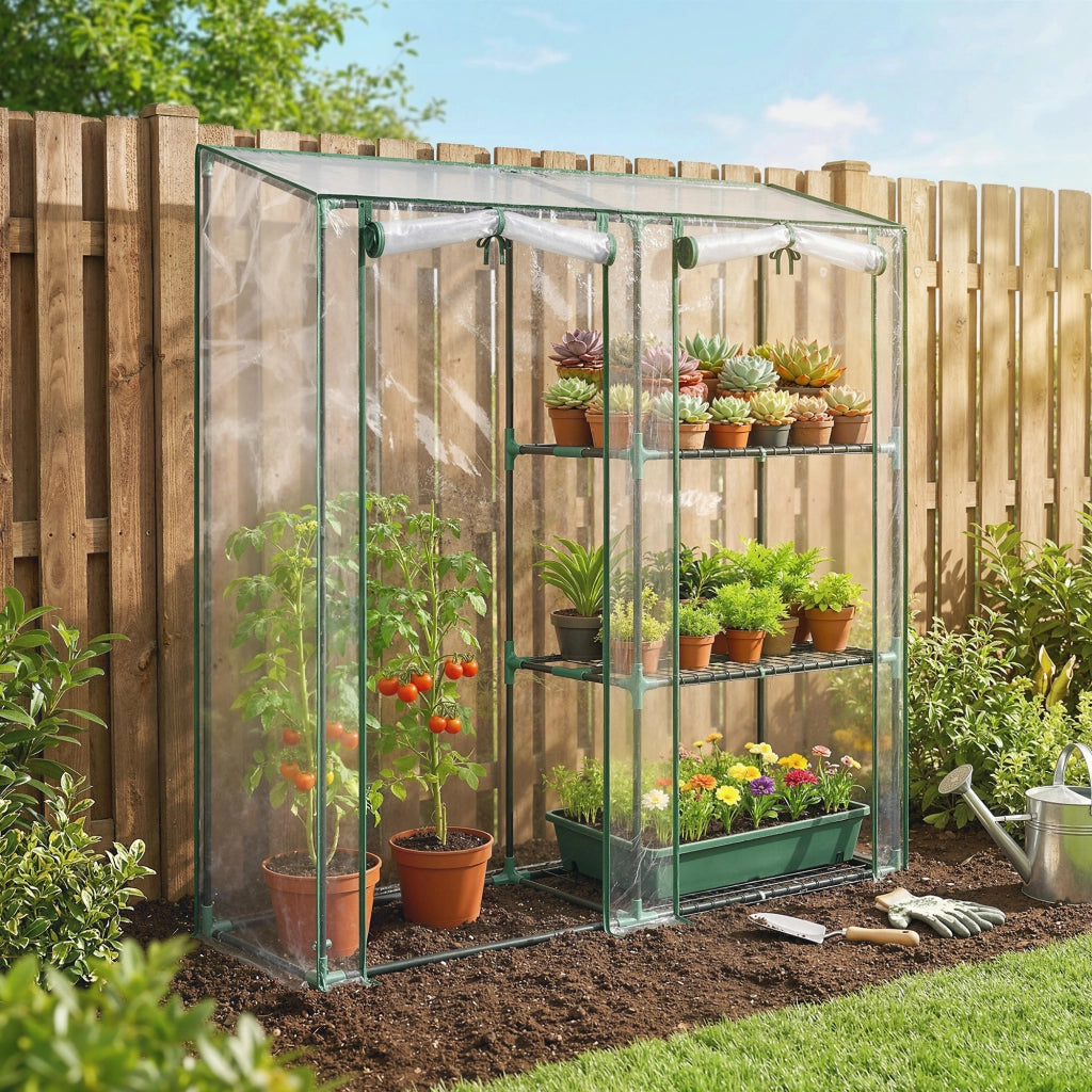 Serra Verticale a 2 Sezioni con 3 Ripiani 143x45x151 cm in Plastica e Acciaio Verde Scuro e Trasparente