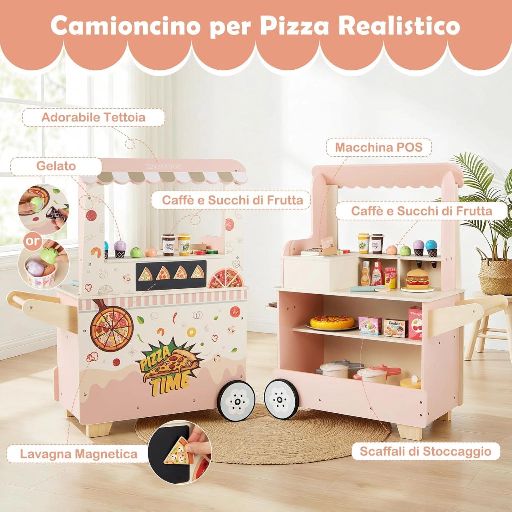 Carrello Pizza Giocattolo per Bambini, Carrello Gelato in Legno con Ruote, Distributore Automatico, Espositore e 41 Accessori, Centro Attività Montessori per Bambini 3+ Anni, 81 x 33 x 88 cm
