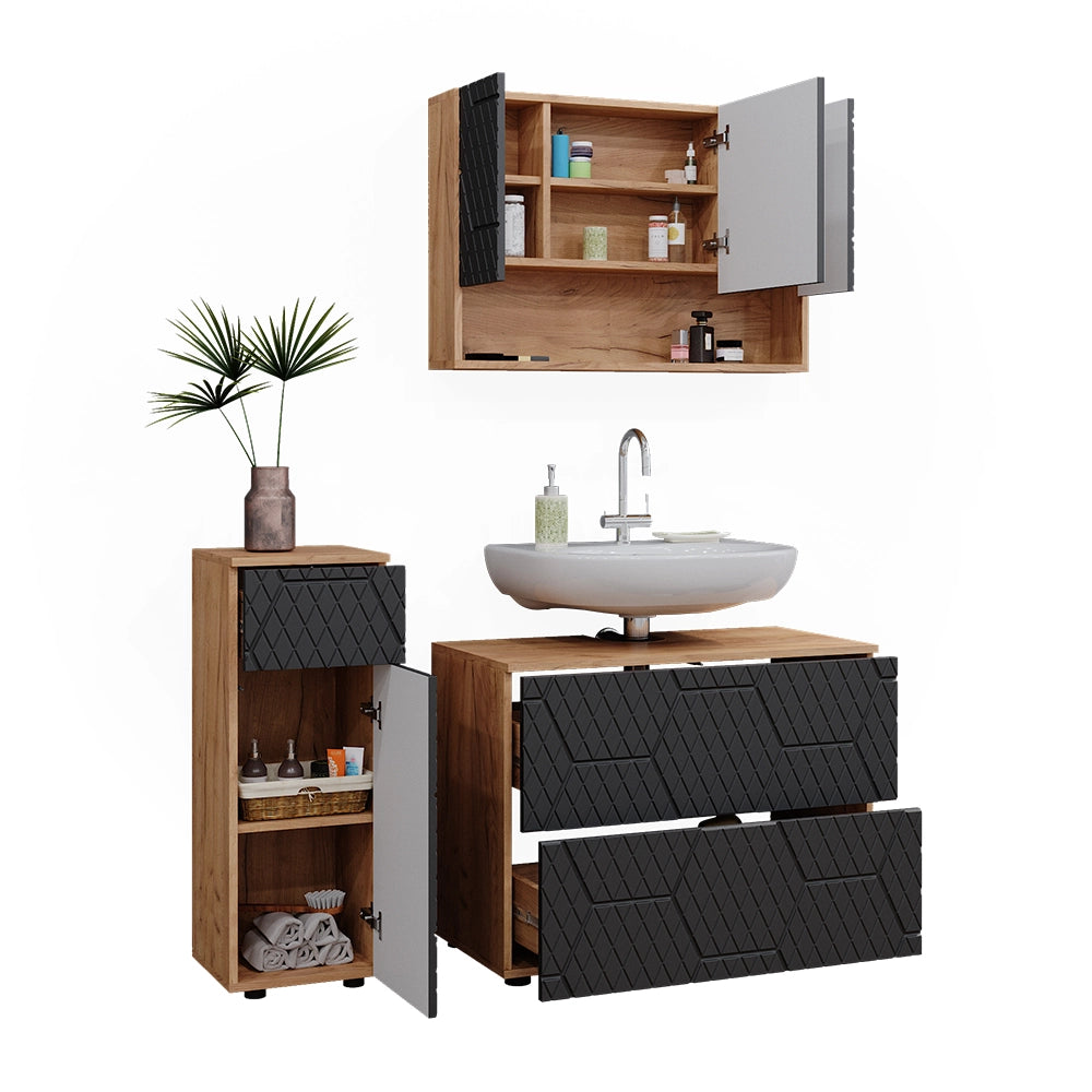 Vicco Set mobili bagno Antracite con struttura a nido d'ape 3 pezzi, con cassettiera e mobile midi
