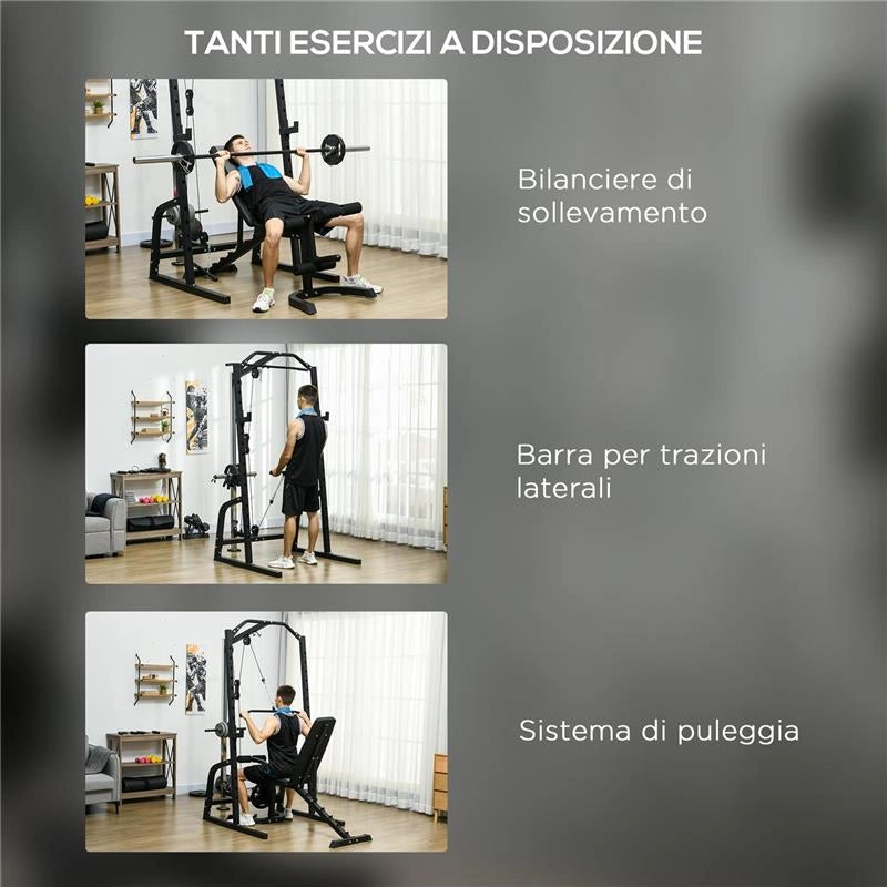 POWER TOWER MULTIFUNZIONE CON PANCA PER ADDOMINALI E PORTA BILANCIERE REGOLABILE, NERO