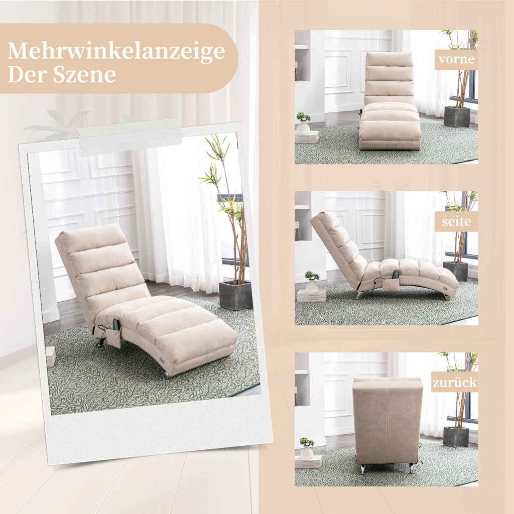 Chaise Longue Massaggiante Fissa 1 Posto con Vibrazione Delicata e Tasca Laterale; Schienale 140°; Lino Beige