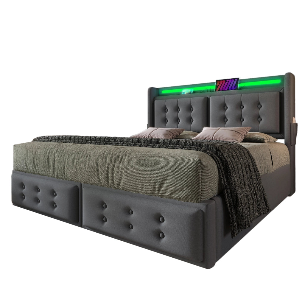 Letto matrimoniale 160x200 con materasso, 4 cassetti, LED e ricarica USB-C