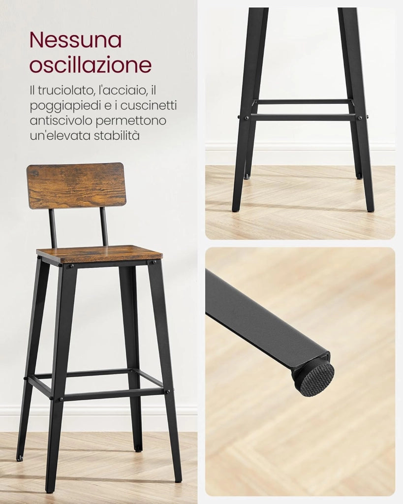 VASAGLE Sgabelli da Bar, Set da 2, Sgabelli Cucina, con Schienale, Struttura in Acciaio, Facile da Montare, Sgabelli Alti, Stile Industriale, Marrone Vintage e Nero LBC078B01