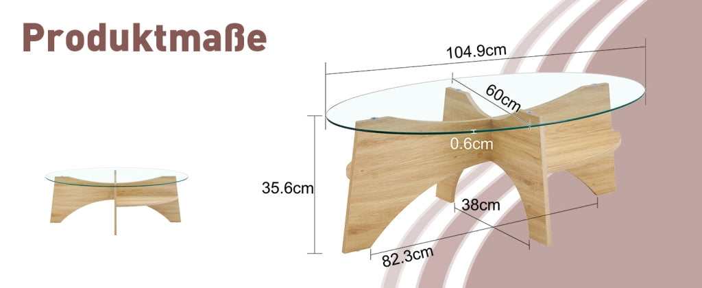 TAVOLINO DA SALOTTO Ovale 104,9x60 cm Vetro Temperato Trasparente e Wood