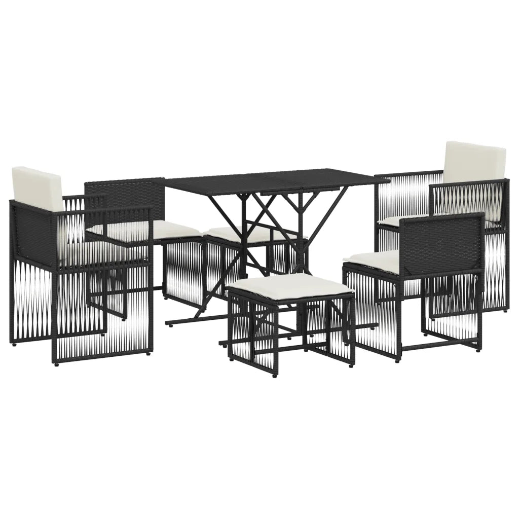 Set da Pranzo da Giardino 7 pz Nero con Cuscini in Polyrattan