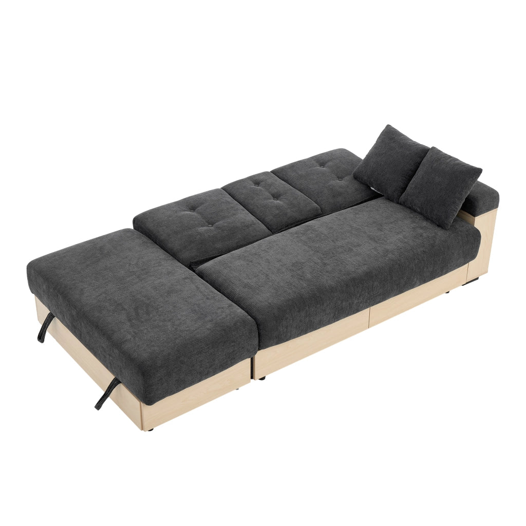 Divano in Chenille grigio con contenitore, schienale reclinabile 3 posizioni, 2 cassetti, portabicchieri e struttura in MDF, 217 cm.