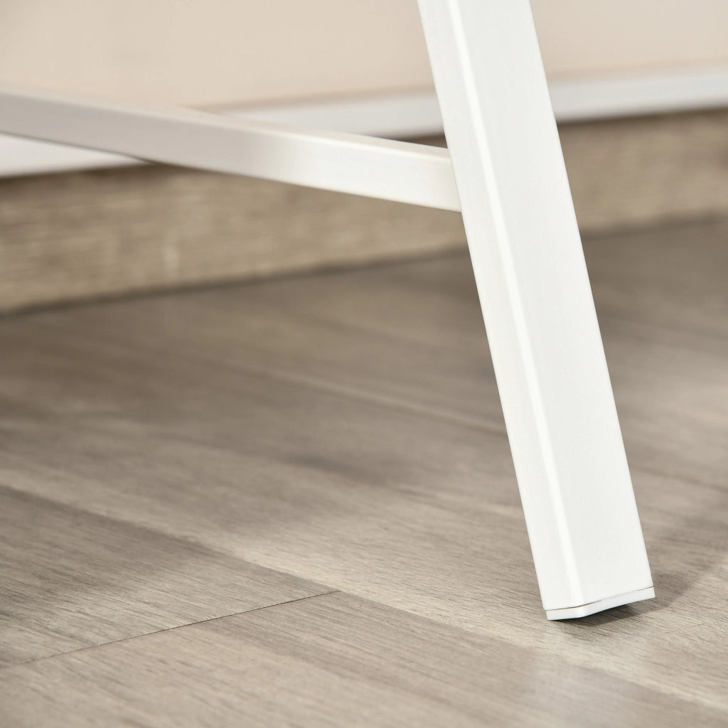 Scrivania moderna con vano portaoggetti e passacavi, struttura in metallo, bianco, 84 x 45 x 85 cm