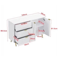 Credenza con ante e ripiani interni, cassetti, maniglie e gambe dorate, 120x38x80,5 cm, Bianco