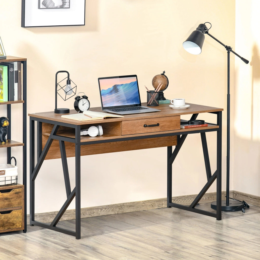 Scrivania Moderna in Metallo e MDF Stile Industriale, Mensole e Cassetto per Casa e Ufficio, 120x60x76cm Nero Marrone