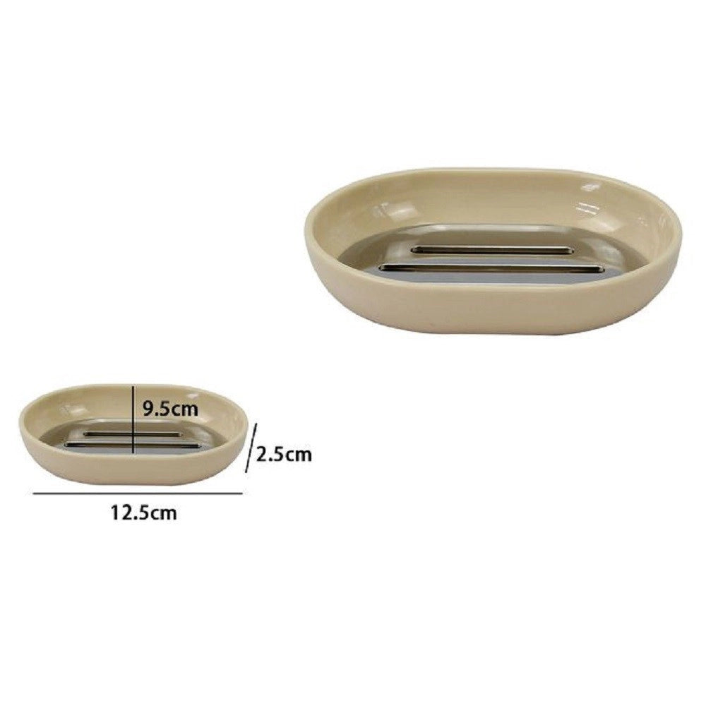 Trade Shop - Piattino Porta Sapone Saponetta Beige Silver Accessori Bagno 12.5 X 9.5 Cm 79883 -