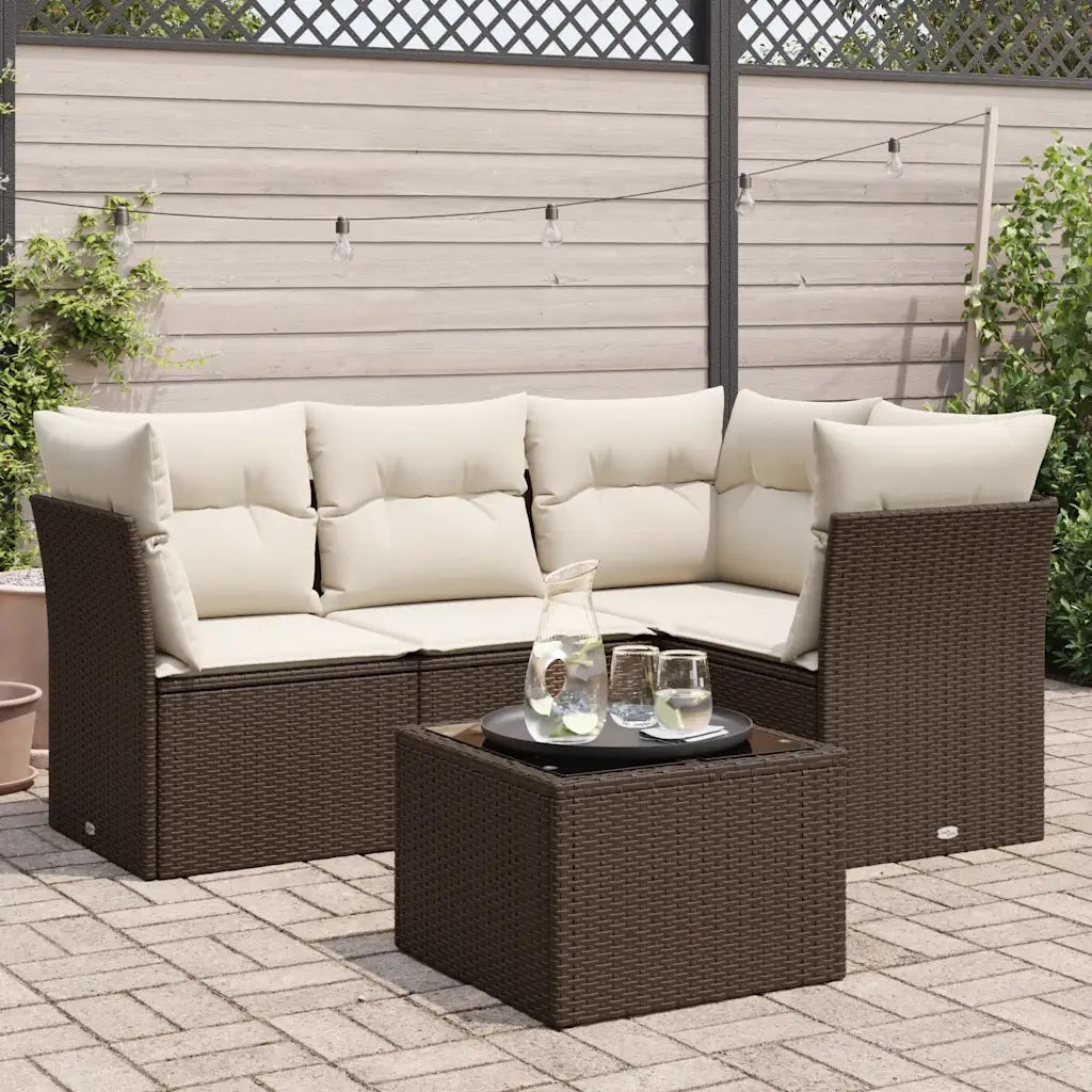 Set Divano da Giardino 5 pz con Cuscini Marrone in Polyrattan