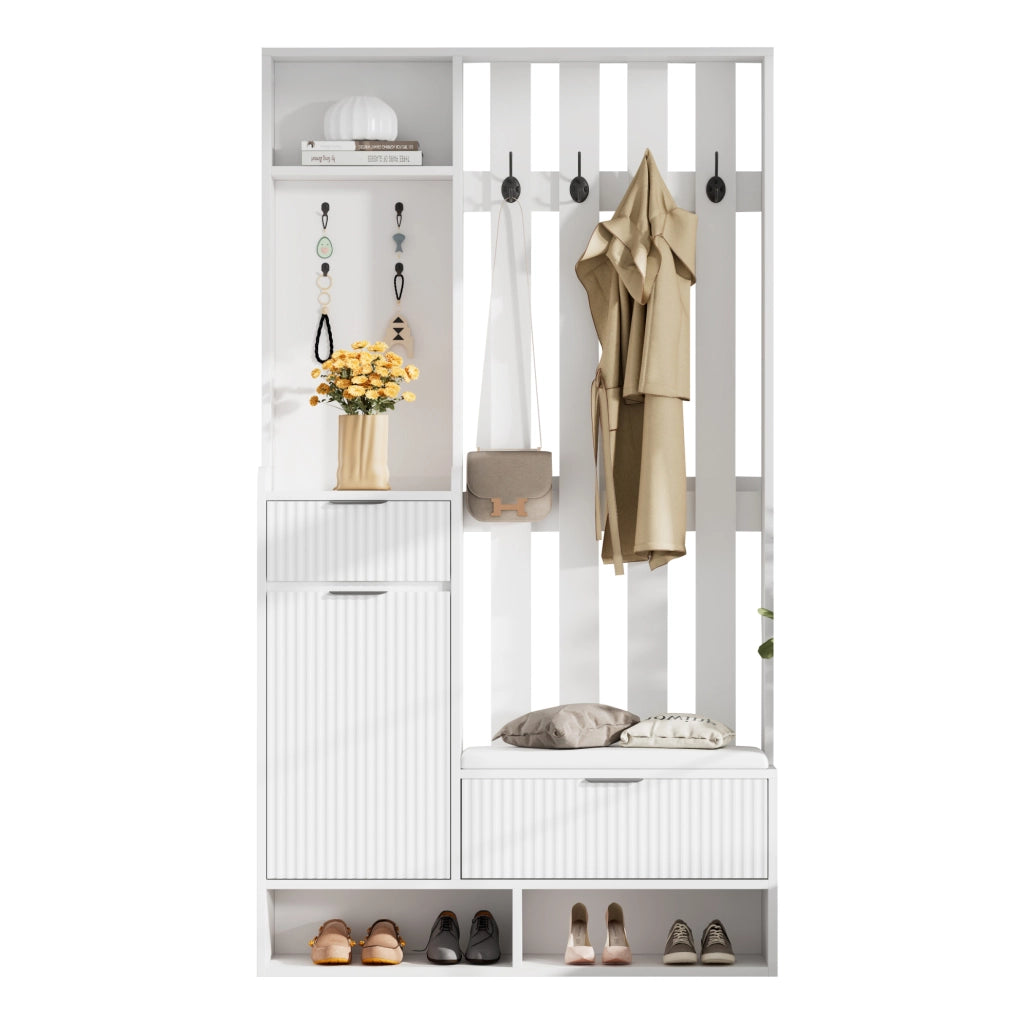 Guardaroba da ingresso 6 in 1 100 x 30 x 180 cm con 8 ganci; cassetti e panca; bianco