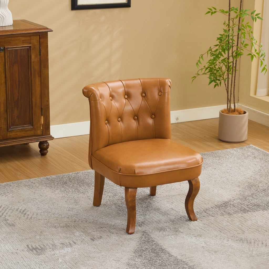 Sedia da pranzo in pelle con gambe in legno e bottoni decorativi - marrone chiaro