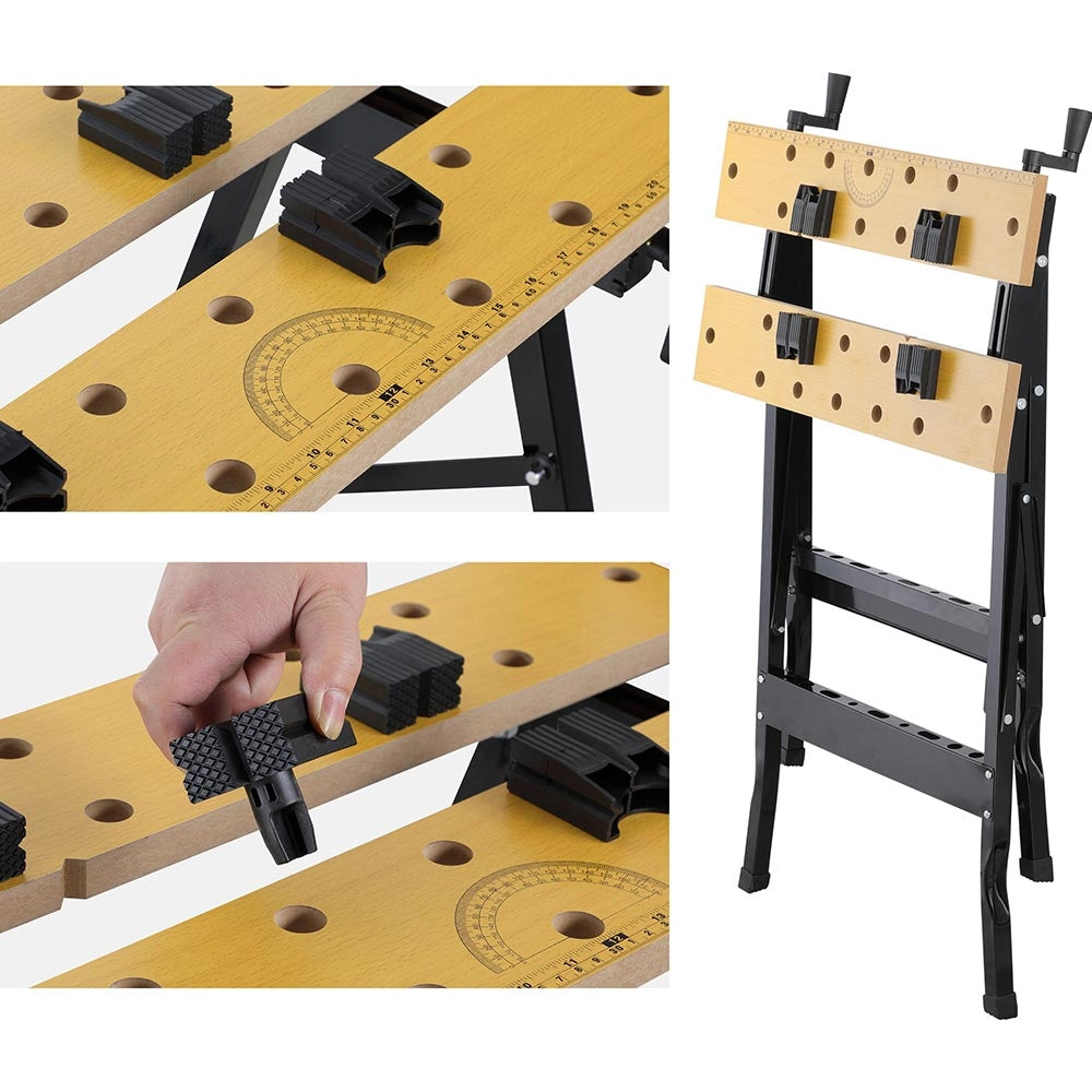Tavolo da Lavoro Pieghevole 60,5x62,5x75,5 cmCavalletto Troncatrici con Doppia Morsa 100Kg in Alluminio e MDF
