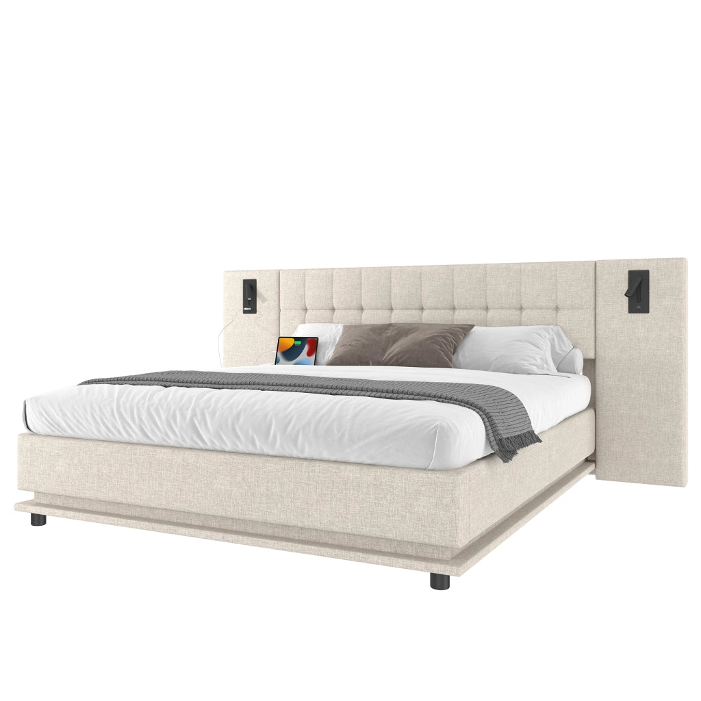 OKWISH Letto Imbottito 180×200 cm, Letto Matrimoniale con LED Regolabile, USB e Lampada da Lettura, senza Materasso, Lino, Beige