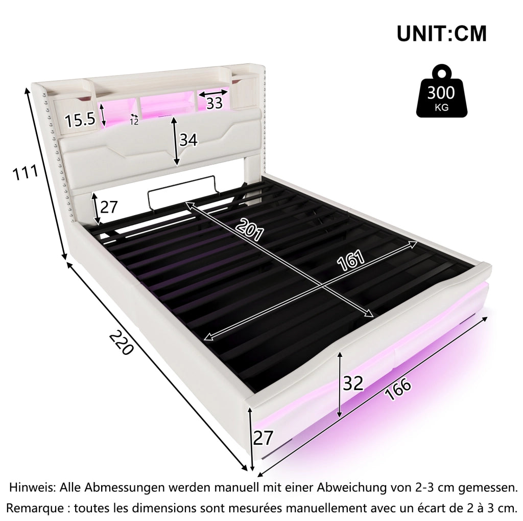Letto imbottito 160x200 cm con contenitore e LED; prese USB e Tipo-C in lino beige