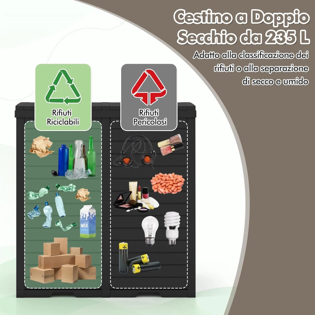Pattumiera per Rifiuti Esterno e Interno 235 L, Contenitore per Raccolta Differenziata a Doppio Secchio Impermeabile con Coperchio, Vassoio e Maniglia, Bidone per Terrazza e Cucina (Nero)