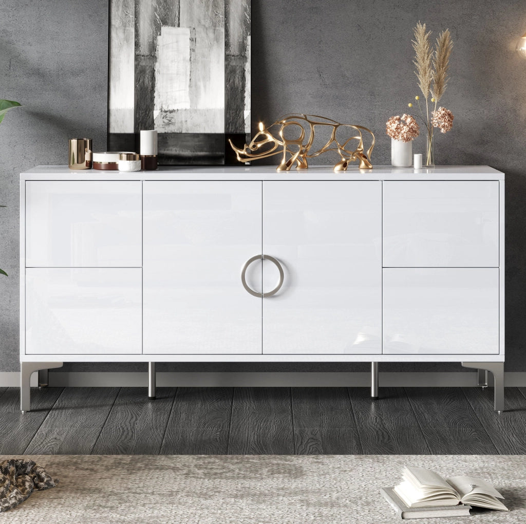 Sideboard bianco lucido 150x38x59;5 cm con 4 cassetti e 2 ante; in MDF