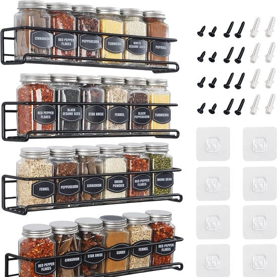 Organizzatore di spezie senza perforazione [posto per 20 spezie] – organizzatore per la cucina da applicare direttamente per l'immagazzinamento di spezie – ideale per parete, porta del mobile, camper, tenda (nero)