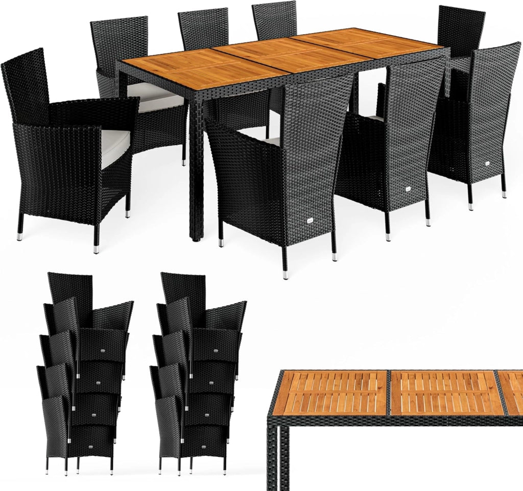 ® Mobili da Giardino Polyrattan 8 Sedie Impilabili 190x90cm Tavolo in Legno d'Acacia Salottino per Esterno