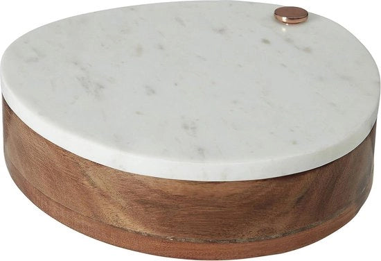 Piatto di formaggio in marmo e set di coltelli in rame/legno - bianco con manico di noce
