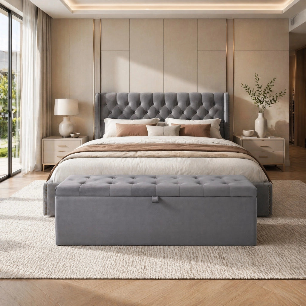 Panca contenitore in velluto grigio 138 x 41 x 42 cm; ottomana con seduta imbottita