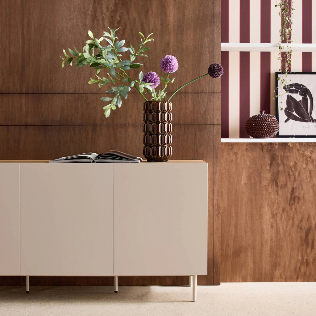 Credenza in metallo e decorazione in legno 3 ante, 150cm, beige