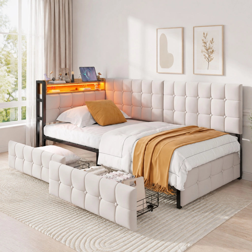 Divano letto imbottito 90x200 cm con 2 cassetti, LED, USB e Type-C, beige
