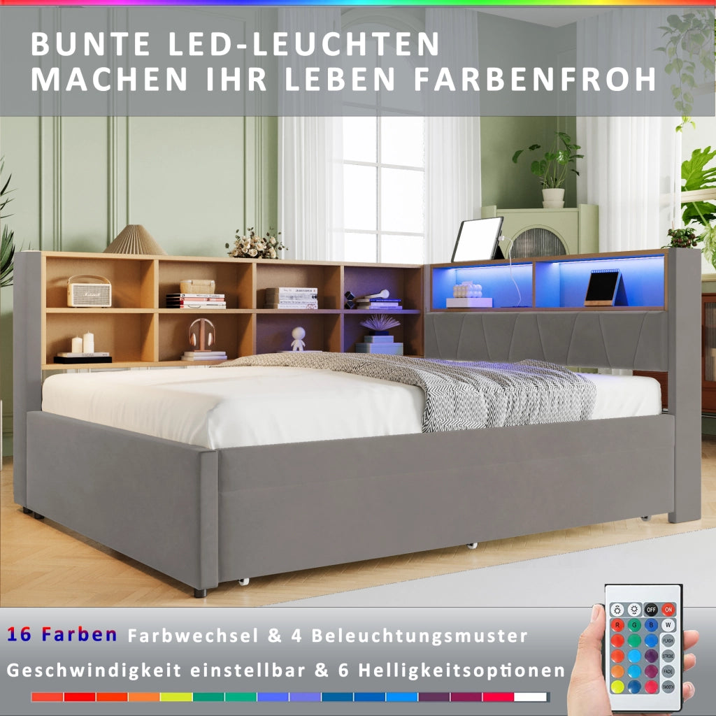 OKWISH Letto Divano 140×200 cm e 90×190 cm, Letto 2 Posti con LED, USB, Tipo C e VanI Portaoggetti, senza Materasso, in Flanella, Grigio Scuro