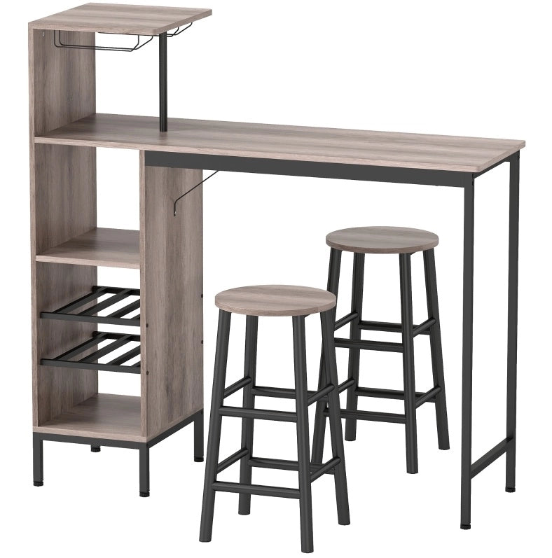 Set tavolo bar con 2 sgabelli, portabottiglie e portabicchieri