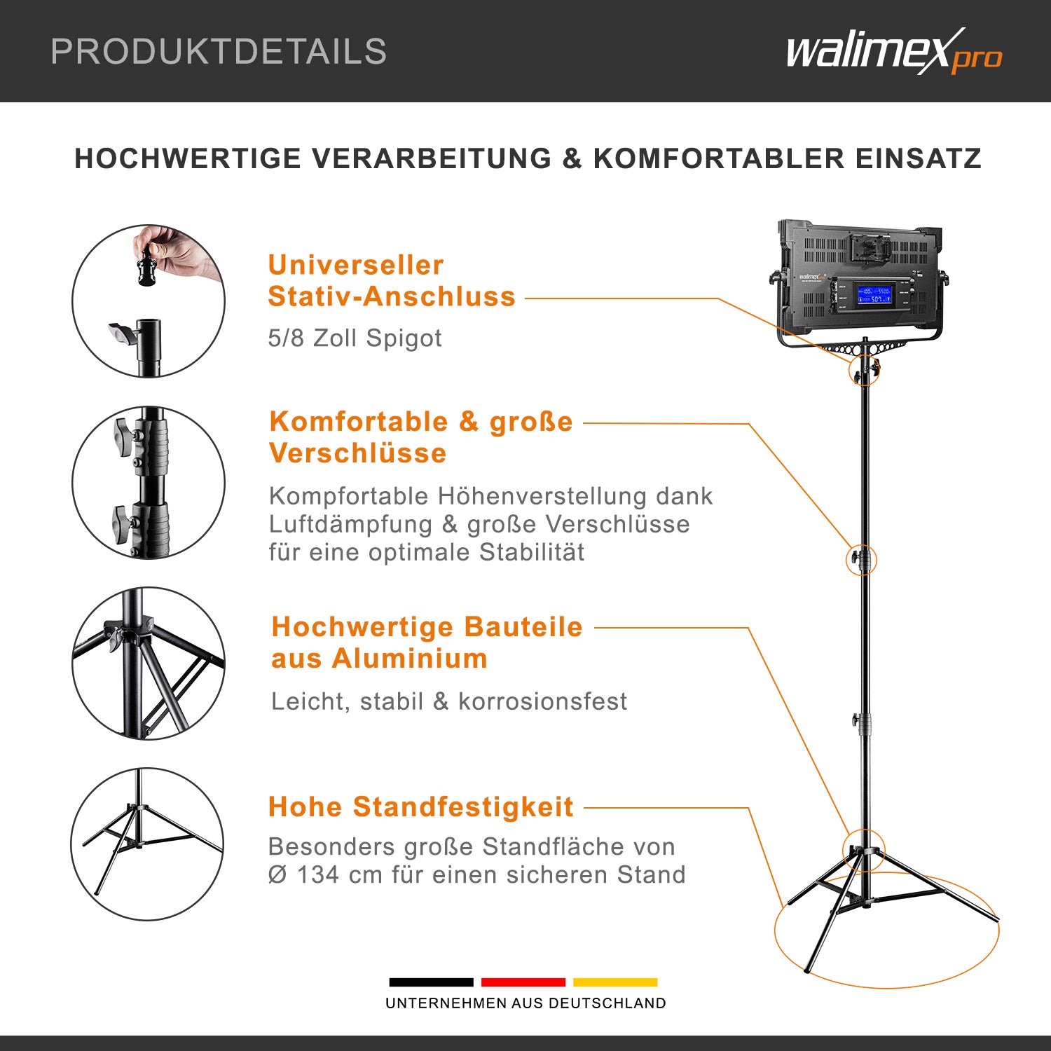 AIR Jumbo 290 Stativo per luci max 20 kg Cavalletto fotografico con altezza fino a 290 cm, in alluminio, Treppiedi con attacco per apparecchiature foto e video