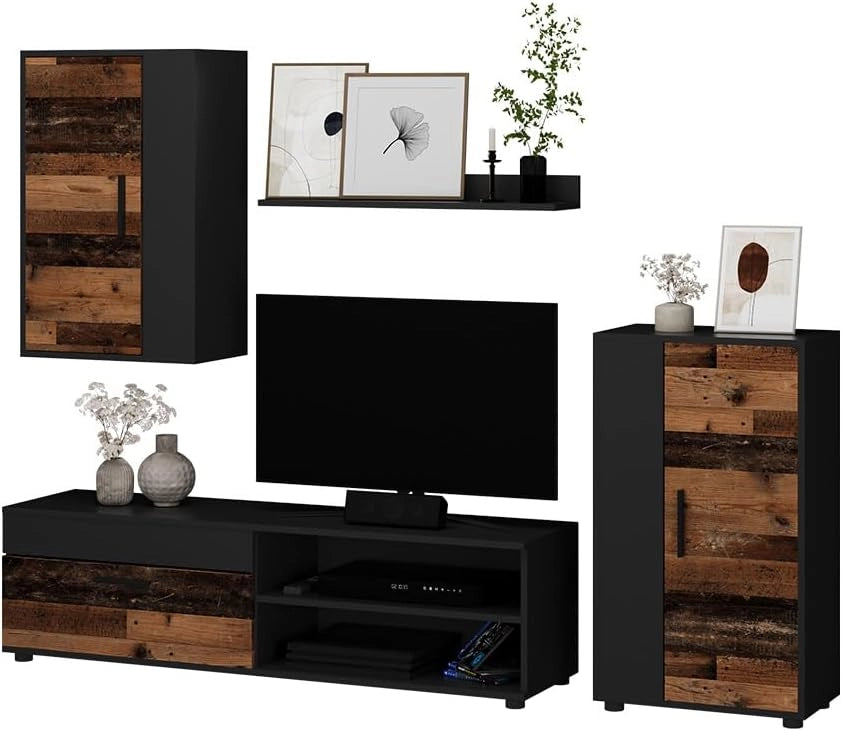 Parete attrezzata Berno, Rovere rustico, Set di 4 pezzi, adatto per la conservazione di dispositivi multimediali e accessori