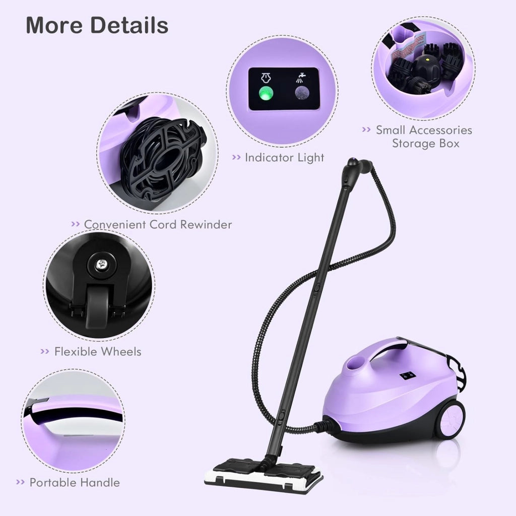 Pulitore a Vapore Portatile 2000W, Pressione del Vapore: 4 Bar, Massimo 108℃, Preriscaldamento: 5-6 Min, Serbatoio dell'Acqua: 1,5L, con 19 Accessori, per Divano, Pavimento, Finestra (Viola)