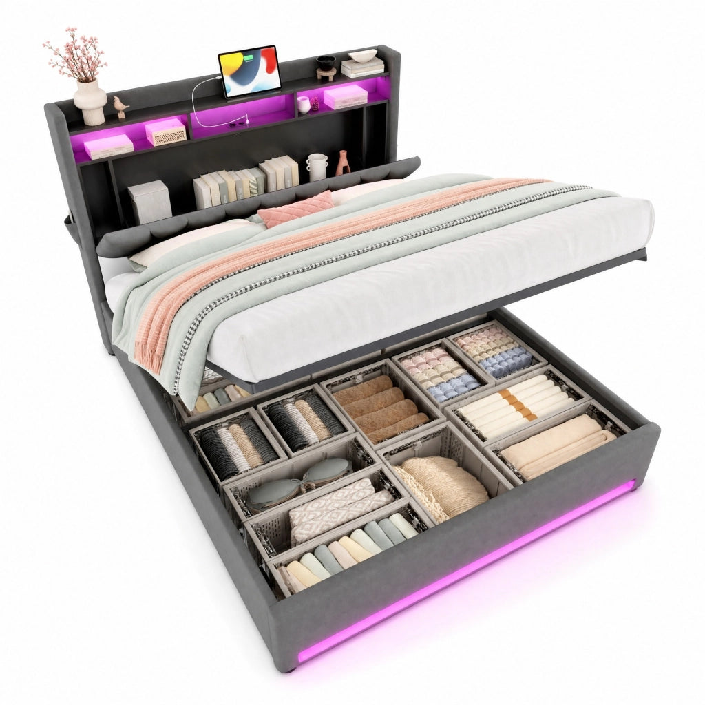 Letto imbottito 160x200 cm in velluto grigio scuro con LED; USB e contenitore