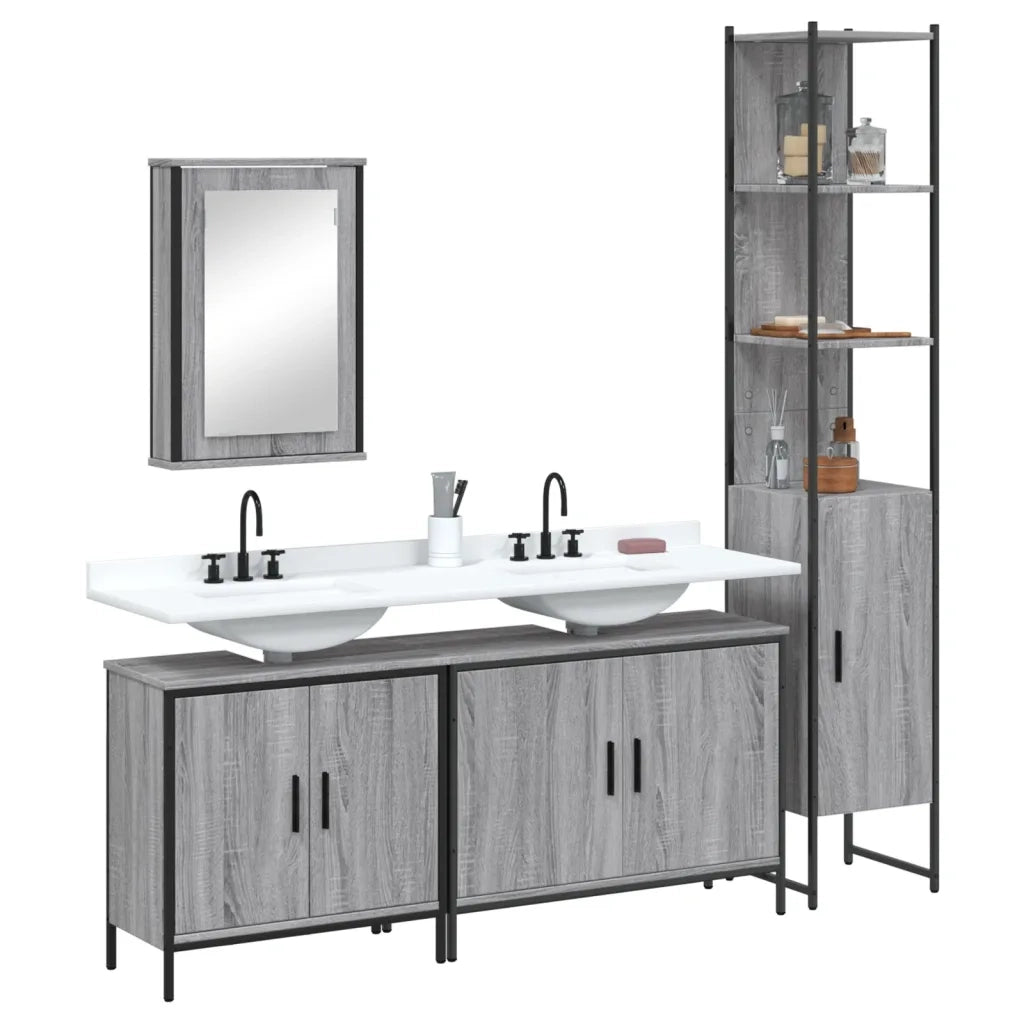 Set Mobili da Bagno | Armadio da bagno 4 pz Grigio Sonoma in Legno Multistrato