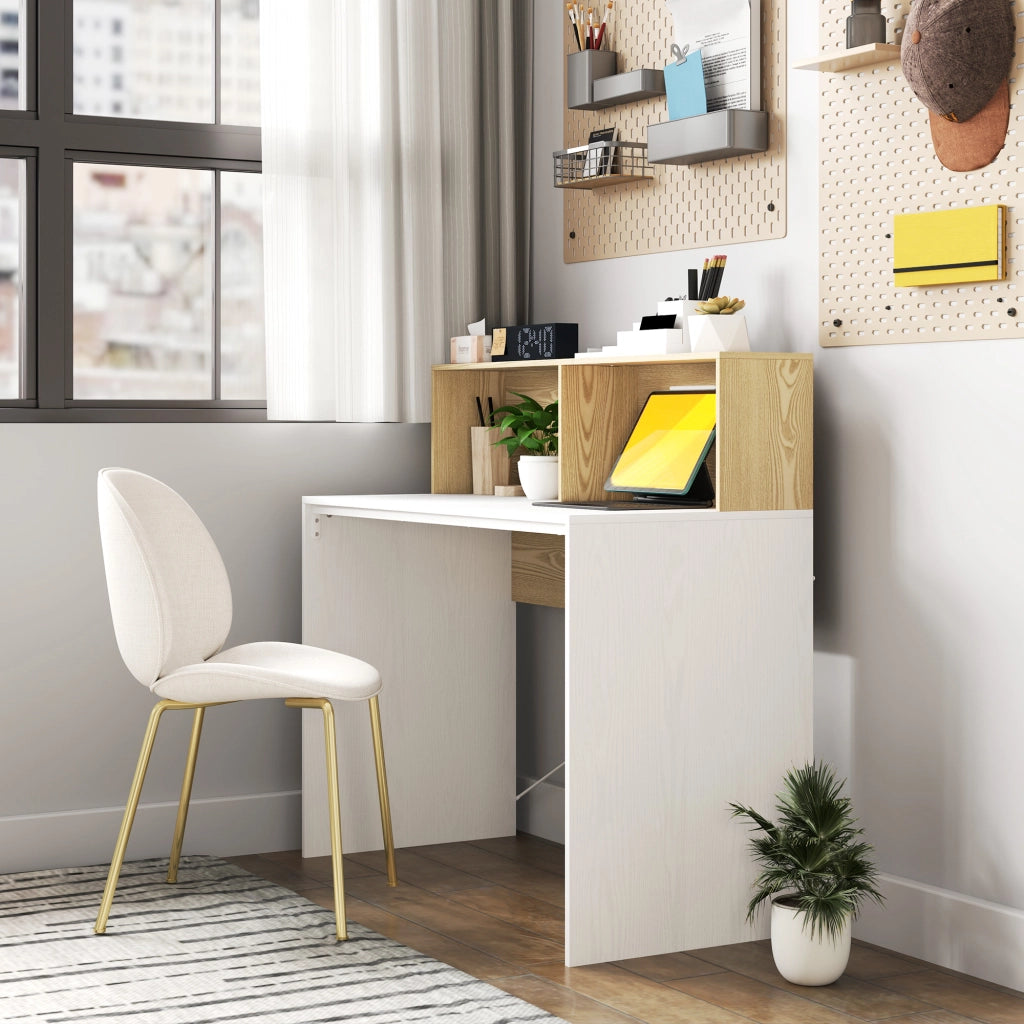 Scrivania con scaffale e 2 cassetti ¨C Zephmum ¨C Bianco e legno naturale 110x50x102,6 cm