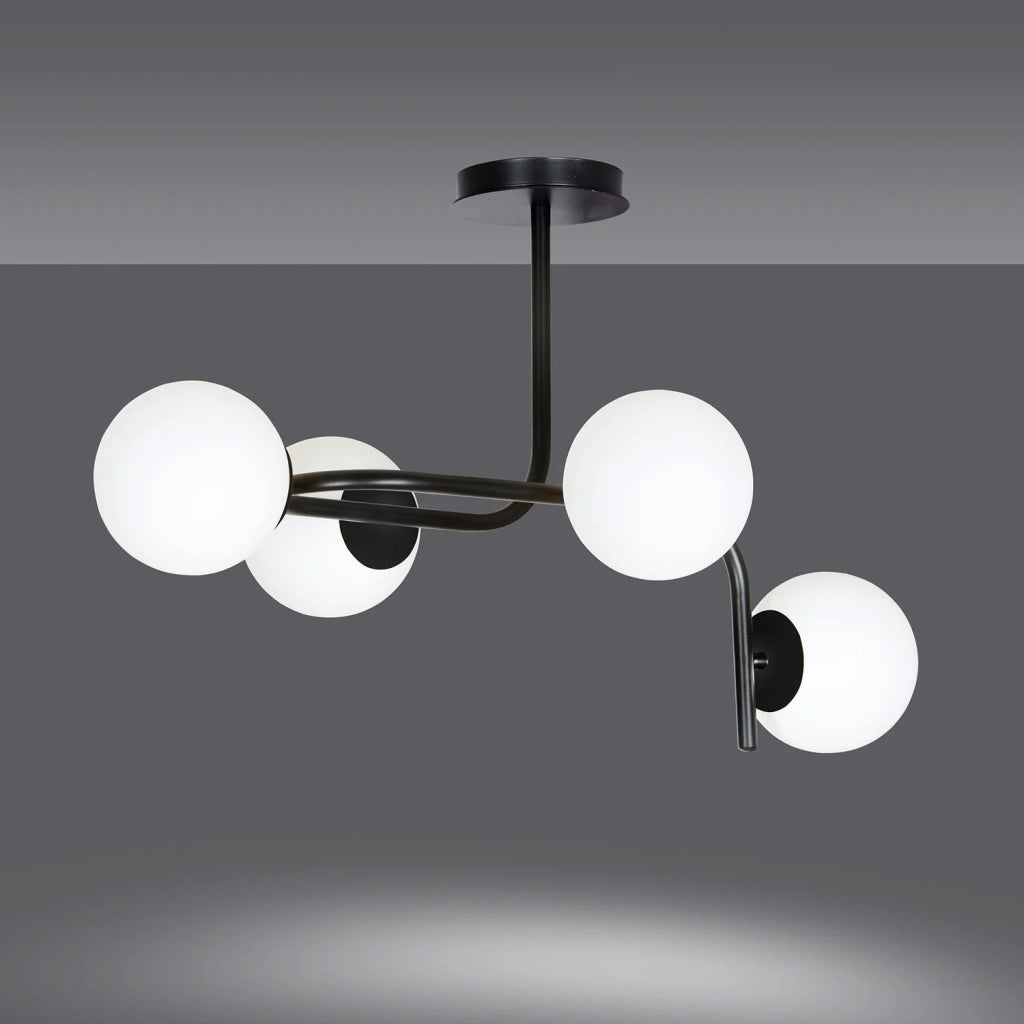 Lampadario 4 Luci Rama In Acciaio Nero A Bracci Curvi E Sfere In Vetro Opalino