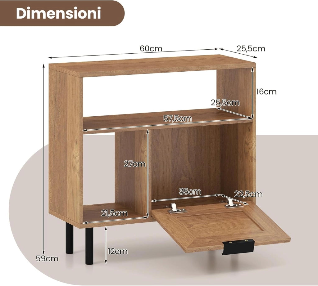 Tavolino da Salotto Boho in Rattan, Comodino con Ripiano Portaoggetti, Armadietto e Gambe in Metallo, Tavolino Versatile per Soggiorno, Camera da Letto e Ingresso