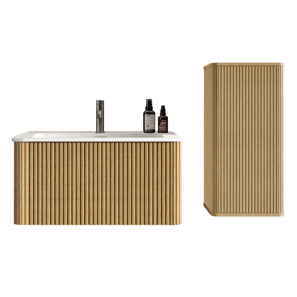 Set di mobili per soggiorno mobile lavabo sospeso e colonna bagno, MDF bianco rovere