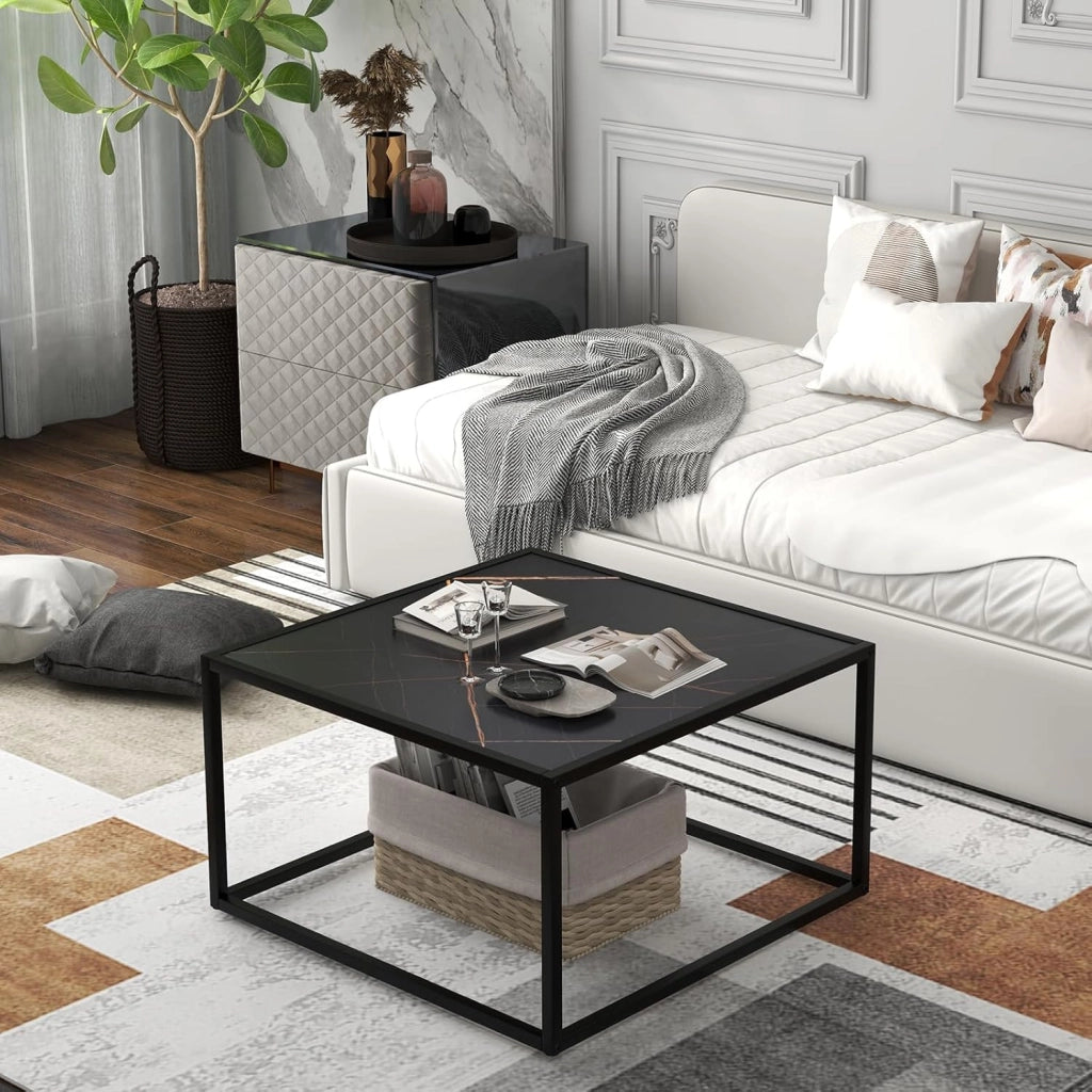 Tavolino da Salotto in Legno, Tavolino Basso con Piano in Finto Marmo e Struttura in Acciaio, Tavolino Basso per Soggiorno e Ufficio, Portata Massima 45 kg, 70 x 70 x 40 cm (Nero)