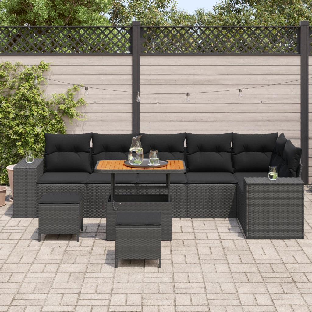 Set divano da giardino 9 pezzi con cuscini Polyrattan nero Acacia