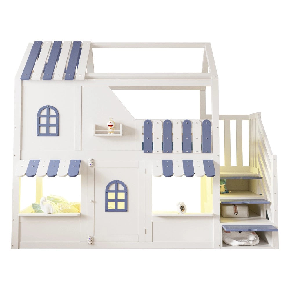 Letto a Castello Bambini Casetta con LED e Scaffale ¨C Xylo ¨C Bianco e Blu 90x200
