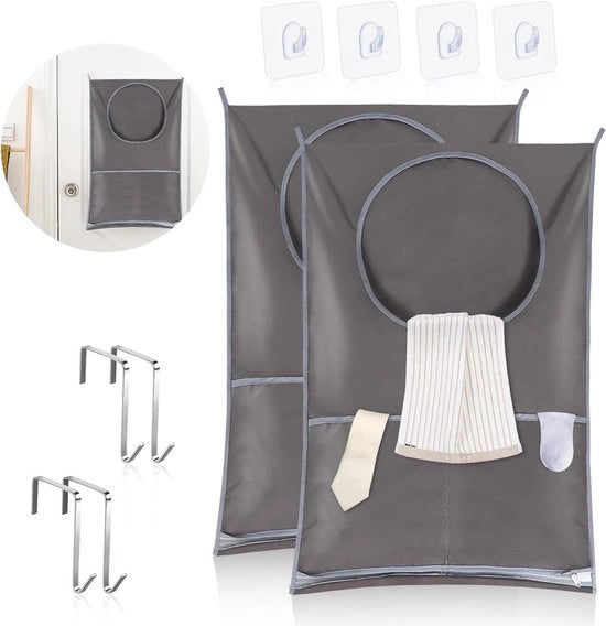 Cestino per la Lavanderia Appeso con Ganci in Acciaio Inossidabile e Ganci Adesivi - Set da 2, Soluzione Spaziale per Bagno sopra la Porta (Grigio)
