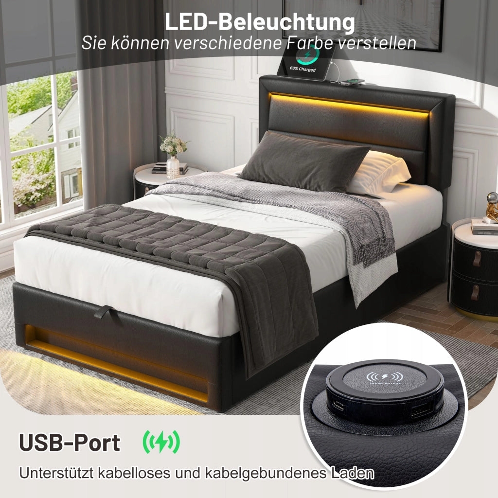 Letto singolo 90x190cm - Xylo - USB, LED, nero PU, senza materasso